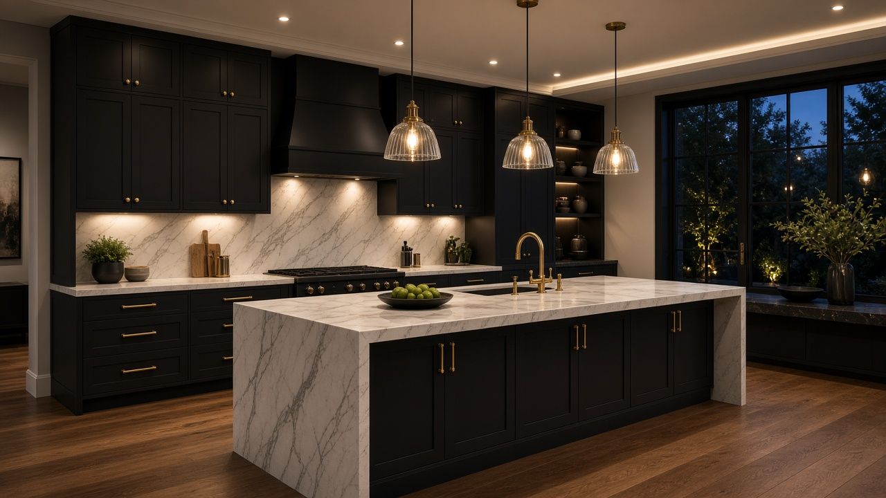 AI concept rendering of a black and gold kitchen with marble waterfall island